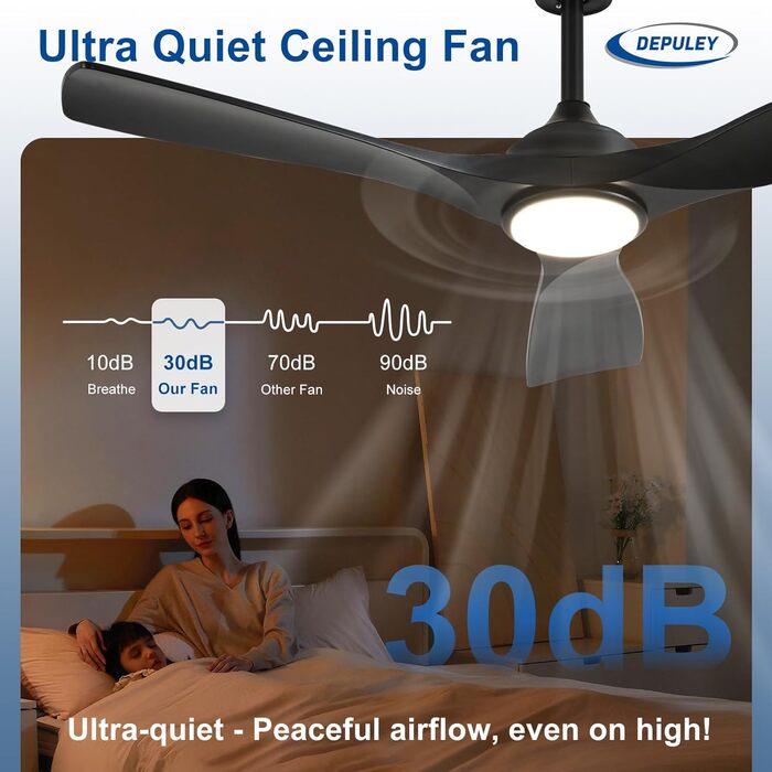 Стеляний вентилятор Depuley Leise з підсвічуванням для вулиці: LED лампа з вентилятором для саду, тераси - 132см, з пультом керування, для вітальні, ресторану, офісу (Чорний, 52'' з підсвічуванням)