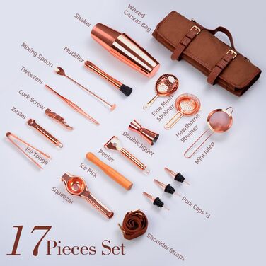 Travel Bartender Kit with Bag, 17-Piece Copper Bar Tool Set Cocktail Shaker Set, Portable Waxed Canvas Bag with Shoulder Strap for Bartenders, Parties, Camping Trips