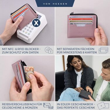 Шкіряний RFID картхолдер VON HEESEN з натуральної шкіри наппа, портмоне для кредитних карток на 9 відділень, унісекс (Коньяк/Лаванда)