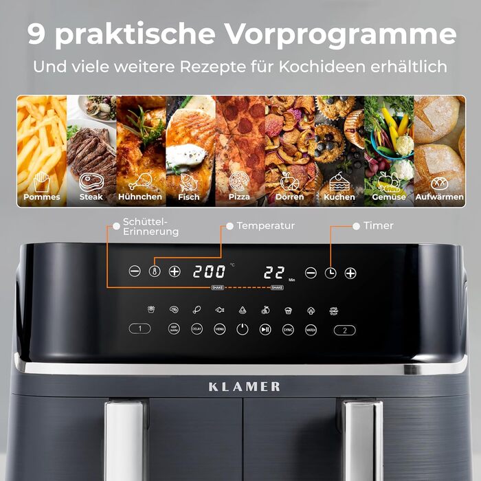 Аерофритюрниця KLAMER Duo 9L з двома незалежними кошиками, функціями Match та Sync, регулюванням температури та таймером, срібляста