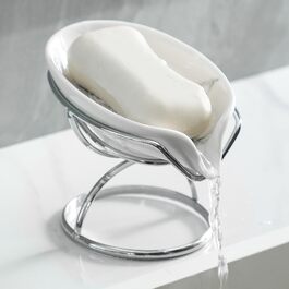 Керамічна мильниця Dobbyby у формі листка з системою самоспусту та стійкою з нержавіючої сталі для ванної кімнати, кухні та душу, срібляста