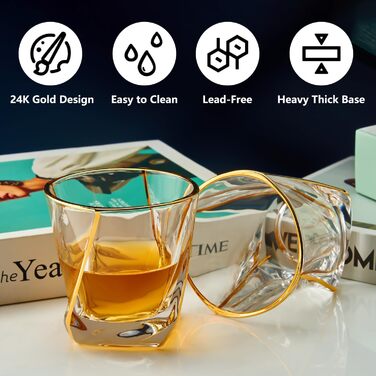 Glskey Crystal Whiskey Glasses Set - 4 Pack, 350ml Lead-Free - For Whiskey, Rum, Vodka, Gin, Scotch, Cognac & Water - Dishwasher Safe, Distorted Shape