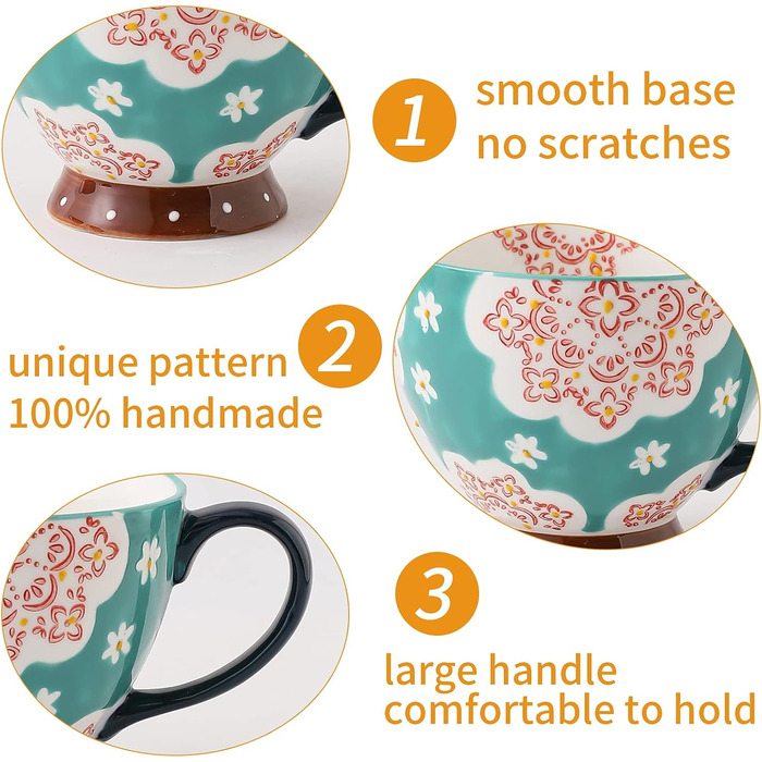 superyes Large Coffee Mug Set, 4 Pieces, Coffee Mug Set for Tea, Milk, Latte, Cappuccino, Cereal, Hot Chocolate, Soup, Gift for Friends, Family, 425 ml (Flower)