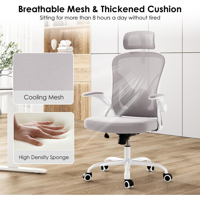 Ергономічне крісло Farini з регулюванням висоти, для офісу та дому, з підголівником, комп'ютерне крісло, 150 кг, на роликах (сірий/білий)