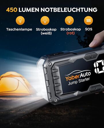 YaberAuto 6000A Powerbank для запуску двигуна авто, 12V, 10.0L бензин/9.0 Diesel, LCD, 450 Lumen, YA100