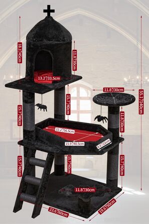 Large Gothic Scratching Post, 140 cm tall, Scratching Post for Large Cats, Stable, XXL Cat Tree with 6 Thick Scratching Pillars, Spider Hanging Ball, Sargbett Platforms, Cave, Black Cat Tower Halloween