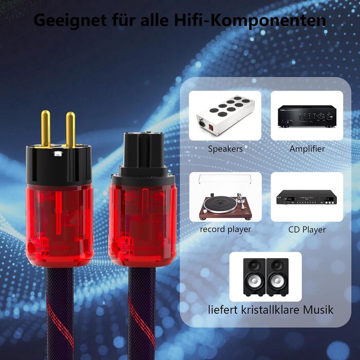 Професійний силовий кабель Profi-Stromkabel 4N OFC (1м) з роз'ємами Schuko та C15, 24K золоте напилення, EMV-екранування для Hi-Fi підсилювачів та CD-плеєрів