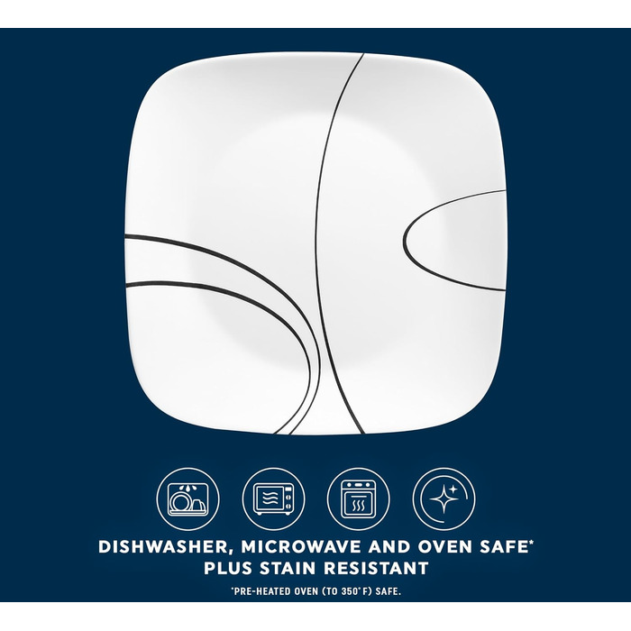 Corelle Tafelservice 18-teilний чорно-білий для 6 осіб, стійкий до сколів, включає великі тарілки (26 см) та салатові/гарнірні (17 см), Simple Lines