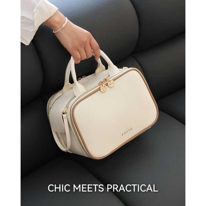 Косметичка для макіяжу великої місткості з кількома відділеннями, водонепроникна, з ручкою, бежева