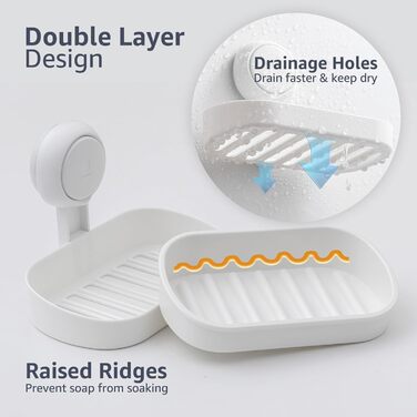 Тримач для мила LEVERLOC з піддоном, MAX 3 кг, настінний, без свердління, з присосками, для ванної кімнати та кухні, білий (2 шт.)