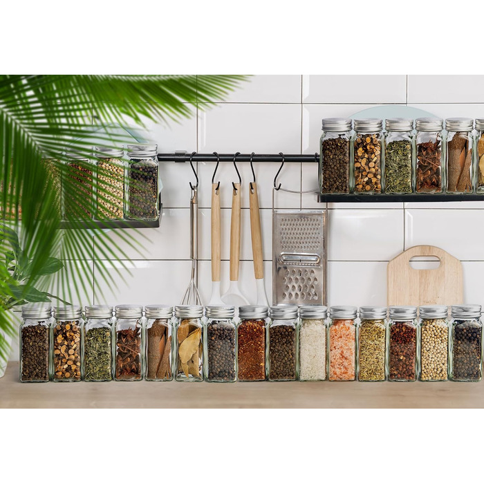 Набір банок для спецій ZEBEN® кутовий [25 шт 120мл] - 25 банок для спецій, мірний дозатор, етикетки, маркер, силіконовий воронка, щітка для чищення