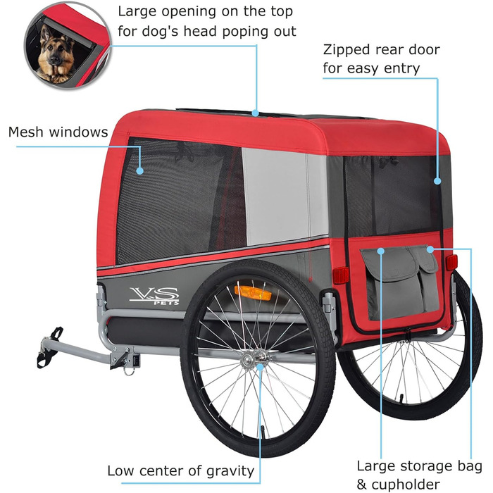 Причіп для собак Tiggo VS Pets L - великий, 270л, для собак до 35 кг, складаний, червоний