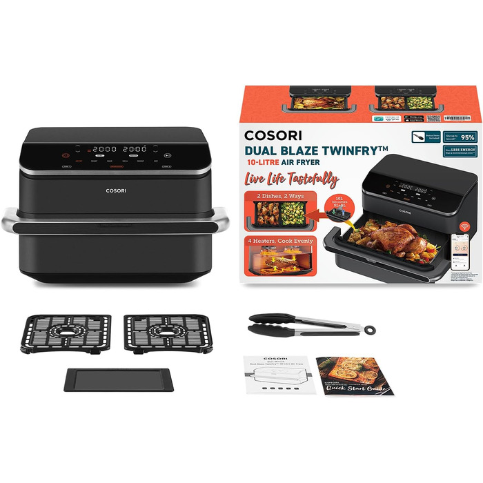 Аерофритюрниця COSORI Dual Blaze XXL 10л, 2 камери, 8-в-1, подвійна чаша, знімний роздільник, нижній нагрів, 70 рецептів, для 2-6 осіб, чорна