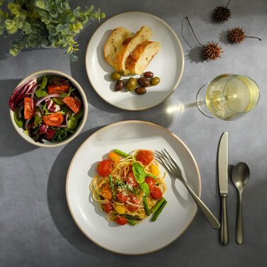 Сервіз Gibson Home Festival Rings з 16 частин з каменю, набір посуду для 4 осіб, кольоровий ручний розпис, тарілки, миски, чашки, сумісний з мийкою та мікрохвильовою піччю