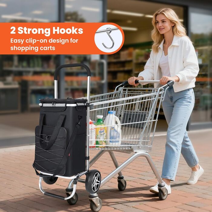 YEAUPE PRO Кухоль-тележка 3в1 з термоізольованим відділенням, 50л, знімний мішок, вантажопідйомність до 25кг, бічні кишені та відкривачка для пляшок (Чорний), не складається