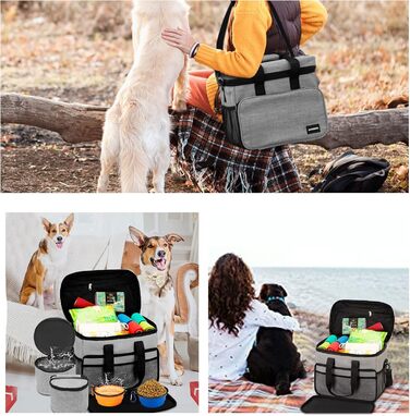 Набір для подорожей з собакою: сумка-переноска, миски та контейнери для їжі. Сірий, L
