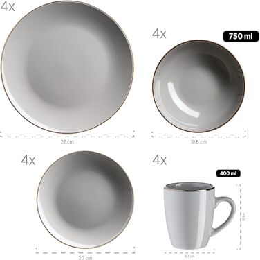 Сервіз для 4 осіб MÄSER Metallic Rim, 16 предметів, сучасний посуд із кам'яної кераміки з золотистим краєм, сірий, безрамковий дизайн