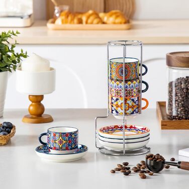 Набір чашок для еспресо Vancasso 4 шт., 150 мл SIMI, з підставками та стійкою, керамічні, для капучіно, еспресо, лате