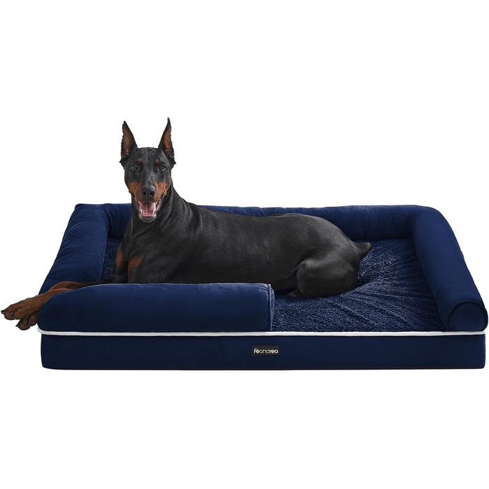 Feandrea Orthopedic Dog Bed, Dog Cushion, Dog Basket, Soft Padding, Dog Sofa, Raised Edges, Removable and Washable Cover, 91 x 71 x 20 cm, Non-Slip Bottom, PGW076G01 (L 120 x W 85 x H 20 cm, Anthracite Blue)