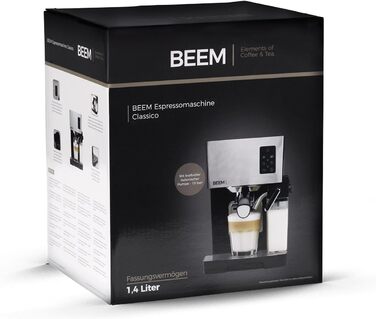 Еспресо-машина BEEM CLASSICO 19 бар, срібляста, з вбудованим молочним резервуаром і паровою насадкою, знімний бак для води, 1450 Вт