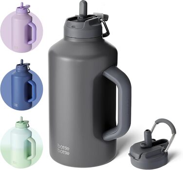 BOTTLE BOTTLE Insulated Water Bottle with Straw and Double Lid, Stainless Steel Sports Water Bottle for Men, with Handle, Vacuum Stainless Steel, for Workout and Sports, 1.8L (Gray)