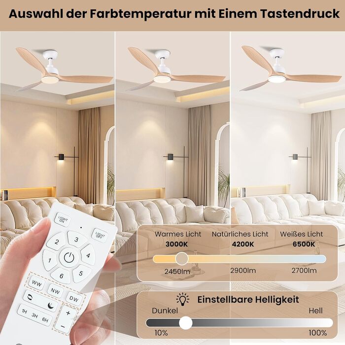 Стеляний вентилятор CJOY з підсвічуванням, 107 см, з пультом керування, DC, безшумний, з функцією зміни напрямку обертання, пам'ять 3CCT, регульована яскравість, 6 швидкостей, таймер для спальні (132 см, біле дерево)