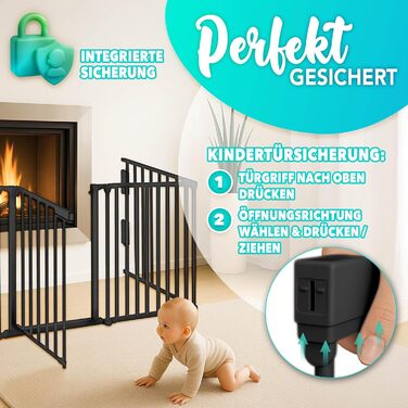 Захист каміну KIDUKU®: металеві сітки з дверцятами, 600 см | Захисні сітки для каміну, складні | Сітки для конфігурації (10 елементів), чорний колір