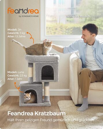 Feandrea Cat Tree Small, 67 cm Cat Tree, Kitten House for Kittens up to 3 kg, Large Platform, Sisal Posts, Light Grey PCT611W01