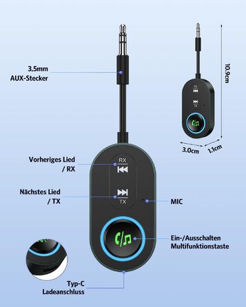 Bluetooth 5.3 адаптер 2-в-1: трансмітер та ресивер для передачі аудіо, чорний
