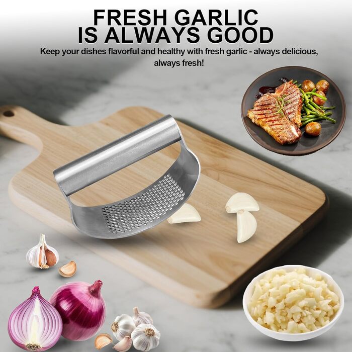 Прес для часнику з нержавіючої сталі - багатофункціональний прес для часнику з силіконовим очищувачем та щіткою для чищення. Можна мити в посудомийній машині (срібний)