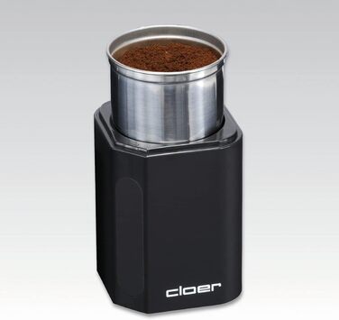 Cloer 7580 Electric Coffee and Spice Grinder, 200 W, for Pesto, Nuts and Grains, up to 70 g Coffee Beans, Removable Stainless Steel Container, Black