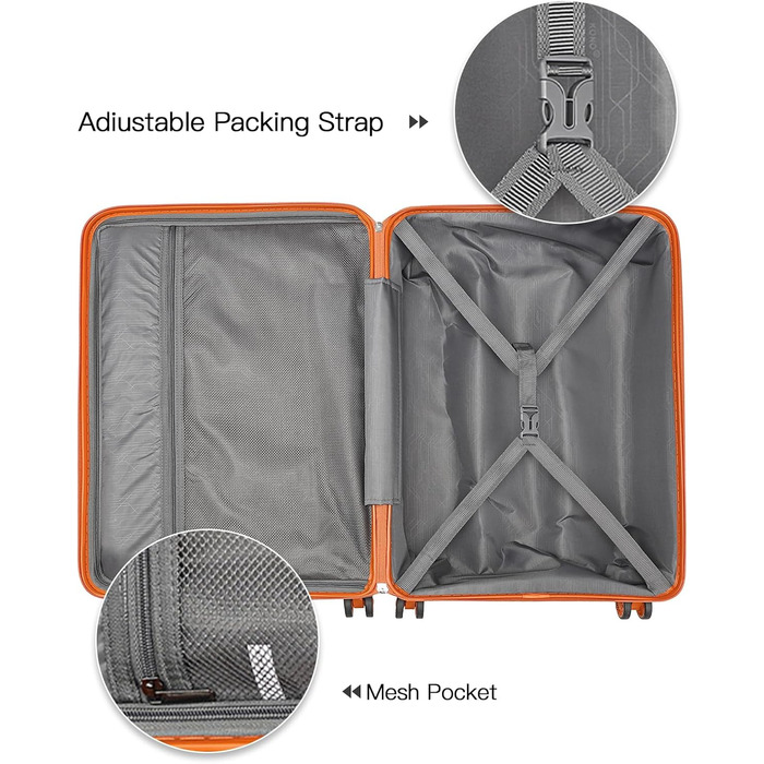 Чемодан-валіза KONO 55 см: легкий, з жорстким корпусом, TSA-замок, 4 колеса (2 шт. чорний, 2 шт. оранжевий)