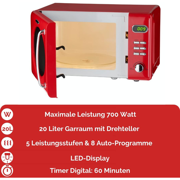 Мікрохвильова піч Wolkenstein Retro WMW720 I 700W, 20L, 5 рівнів потужності, 8 програм, розморожування, LED-дисплей