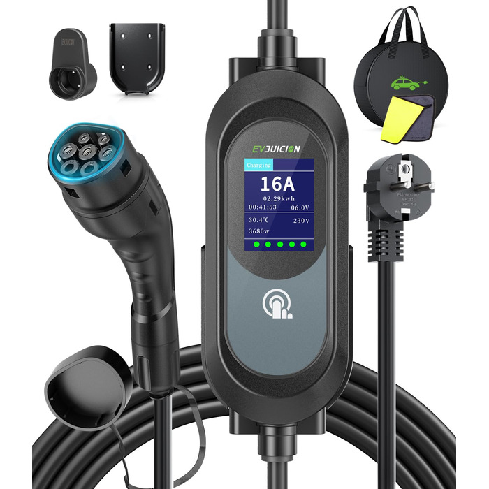 Електричний зарядний пристрій для авто Evjuicion, 15 метрів, 3.68 кВт, 8-16 А, 0-12H, IP67, Тип 2, LED-дисплей, кріплення для стіни та кабелю, портативний, сумка