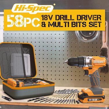 Акумуляторний дриль-шуруповерт Hi-Spec 18V з набором біт 58 предметів для ремонту та DIY. Підходить для металу, дерева та цегли. У валізі.