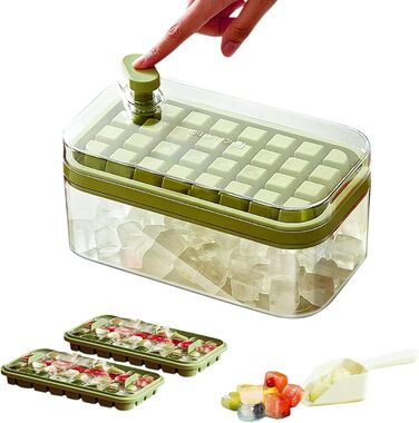 AHOUGER 2023 Ice Cube Tray with Lid & 64 Ice Cube Molds - One-Click Food-Grade Ice Cube Mold for Instant Release of All Ice Cubes (BPA-Free), Green