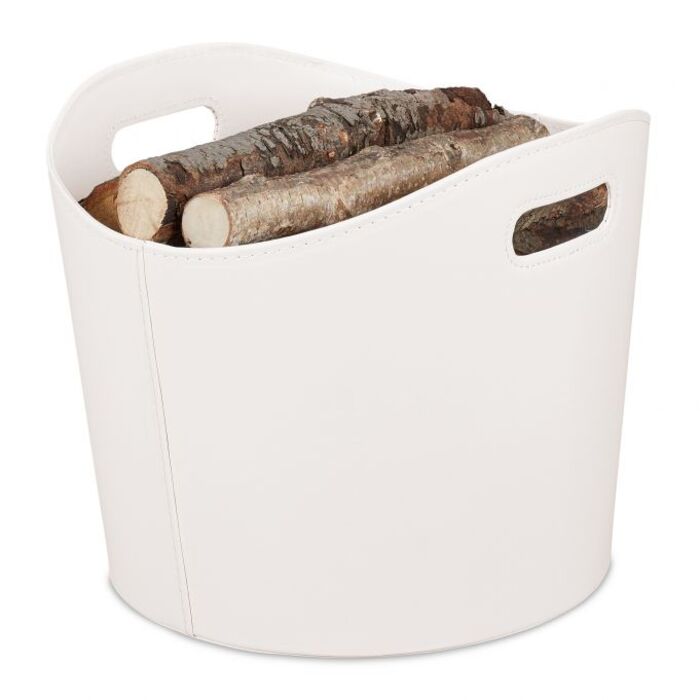 Relaxdays Cream White Wooden Basket with Faux Leather
