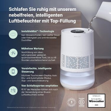 Blueair Premium Smart: Ультразвуковий зволожувач повітря для кімнат до 46 м² | 3.5 л, нічний режим, Auto-режим