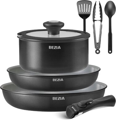 Набір каструль Bezia з керамічним покриттям (9 предметів) - каструлі та сковорідки для індукційних плит, антипригарне покриття, для кемпінгу, сумісні з усіма типами плит, складені, набір сковорідок, придатні для духовки