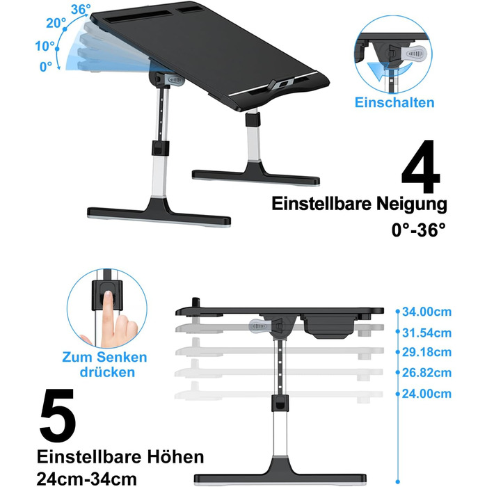 Стіл для ноутбука Potuopy з регульованою висотою та кутом нахилу, складний, великий розмір (60*40 см), чорний, з еко-деревом для роботи, читання та їжі на ліжку/дивані