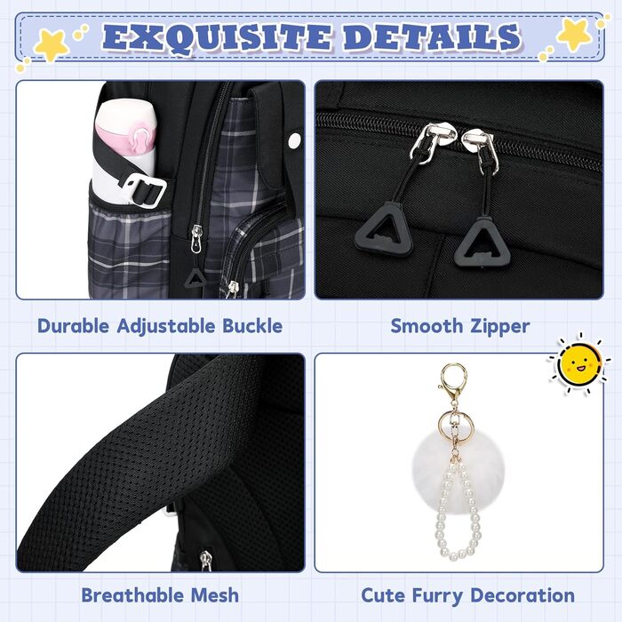 Шкільний рюкзак для дівчаток: велика місткість, стильний дизайн, Kawaii, чорний