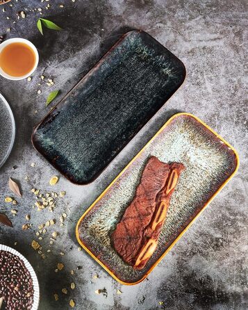 Набір тарілок Ya JU Keramik 4 шт. для основних страв, стеку, пасти, різотто, закусок. Підходять для мікрохвильової печі, духовки та мийки посуду. Колір: коричневий, прямокутна форма.