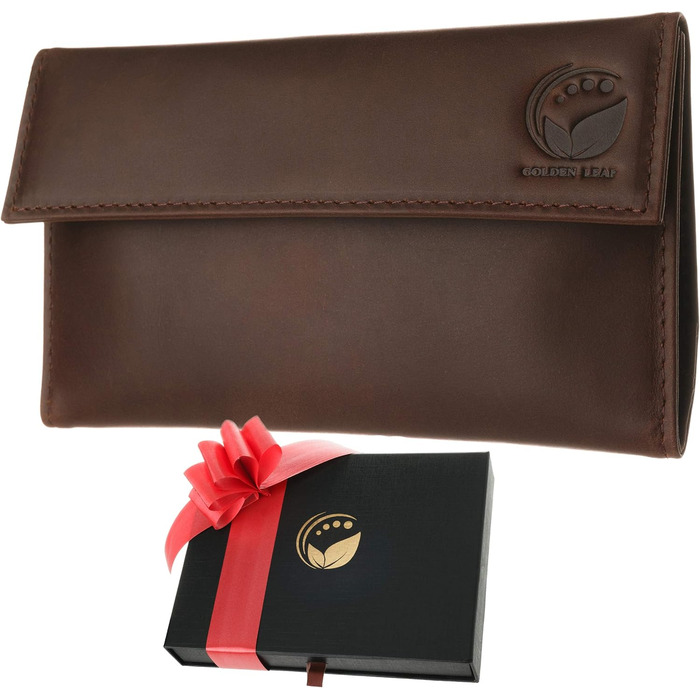 Golden Leaf Leather Tobacco Pouch | Elegant Leather Tobacco Bag with space for tobacco, filters, and a double pack of rolling papers | With an extra pocket for additional accessories | Rolling tobacco pouch for women & men