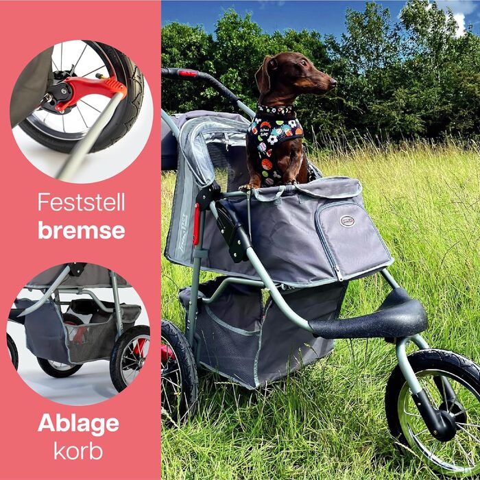 Візок для собак Innopet Comfort Air Eco чорного/срібного кольору – візок для собак/кішок з 30см повітряними колесами, складаний, для лісових стежок, з світловідбиваючими смугами, органайзером, з переробленого нейлону (сірий)