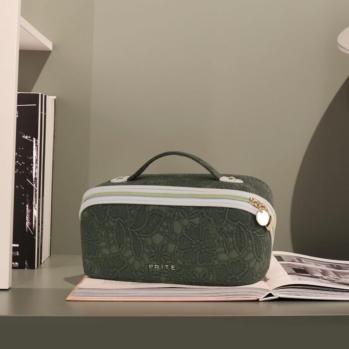 Косметичка для подорожей великого об'єму з прозорими перегородками, зелена квітка, водонепроникна, з PU-шкіри