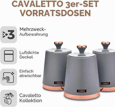 Набір контейнерів для чаю, кави та цукру Tower Cavaletto T826131GRY, сталь, сірий та рожеве золото, 3 шт.