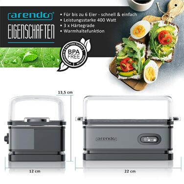 Arendo - Stainless Steel Egg Cooker with Keep-Warm Function - Tilt Switch with Indicator Light - Freely Selectable Hardness Level - Brushed Stainless Steel - BPA-Free - in Cool Grey B: Cool Grey