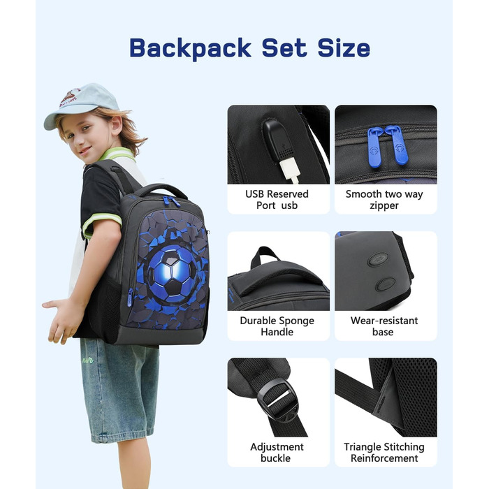 Дитячий рюкзак Cusangel для дівчаток та хлопчиків, ергономічний, регульований, водостійкий, з нагрудним ременем (футбольний, чорний)
