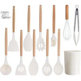 Набір кухонних помічників 12 шт. з силікону з дерев'яними ручками, термостійкий, антипригарний, повний комплект: щипці, лопатки, ложки (білий)