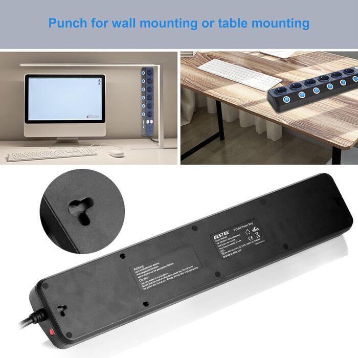 BESTEK Розподільник розеток з 6 розетками, 4 USB, захистом від перенапруги 900 Дж, з вимикачем, синьо-білий, 1.8м кабель